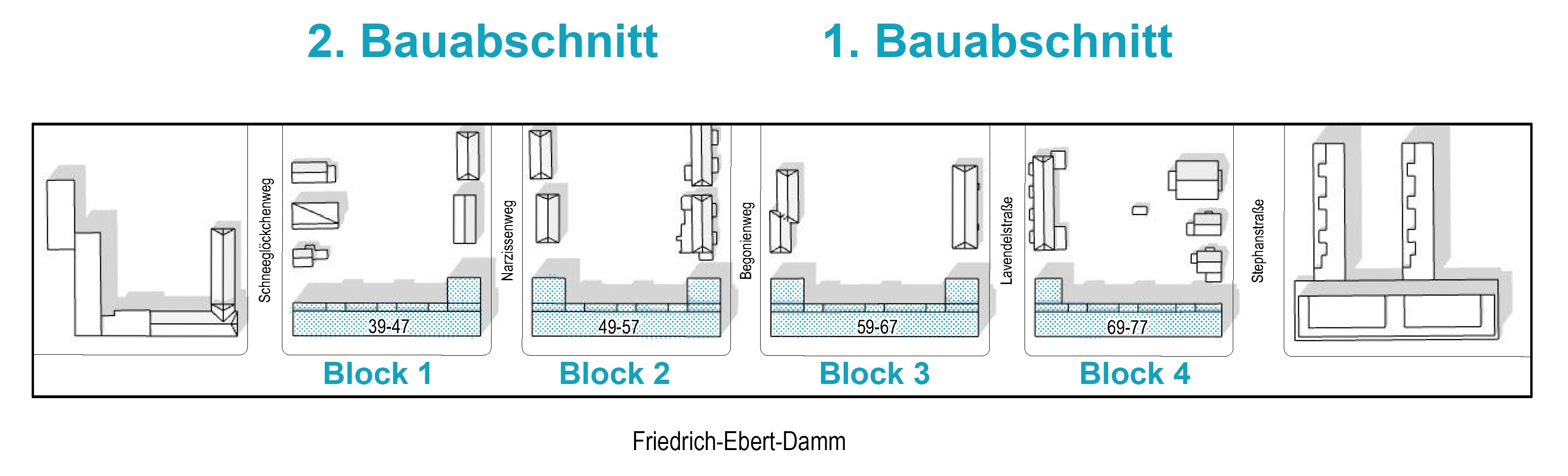 Einteilung der vier Wohngebäudekomplexe in zwei Bauabschnitte