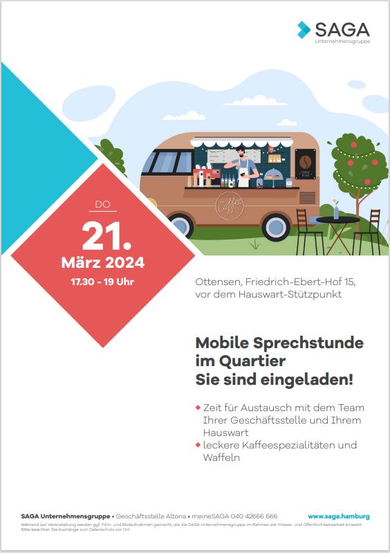 Plakat mobile Sprechstunde mit Kaffeewagen am 21. März 2024